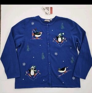 Nwt Croft and Barrow Christmas Sweater Blue with Penguins Size 1X Embroidered